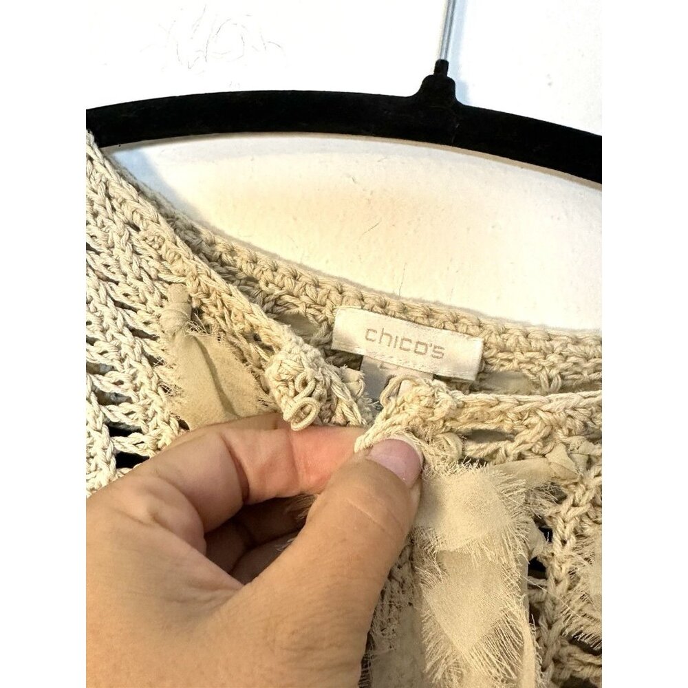 Women Chico's Oatmeal Chunky Open Knit Fringe‎ Cardigan Sweater Size 0 Coastal - Picture 9 of 10